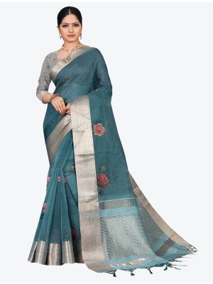 Teal Blue Organza Designer Saree small FABSA20338