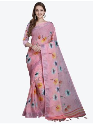 Baby Pink Linen Slub Designer Saree small FABSA20487