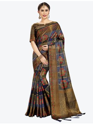 Blue and Black Cotton Silk Designer Saree small FABSA20424