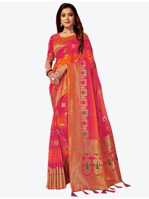 Dark Pink and Orange Jacquard Silk Designer Saree small FABSA20447