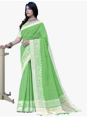 Green Linen Cotton Designer Saree small FABSA20458