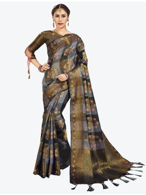 Grey and Black Cotton Silk Designer Saree small FABSA20422