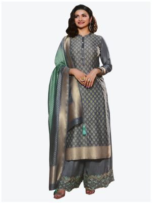 Grey Jacquard Silk Straight Suit with Dupatta small FABSL20168