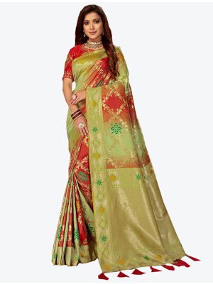 Light Green and Red Jacquard Silk Designer Saree small FABSA20453