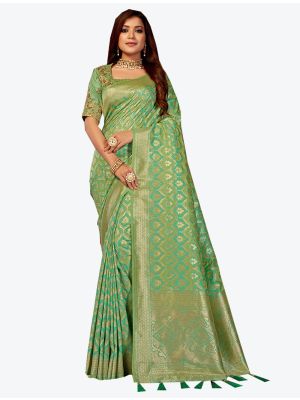 Light Green Jacquard Silk Designer Saree small FABSA20444