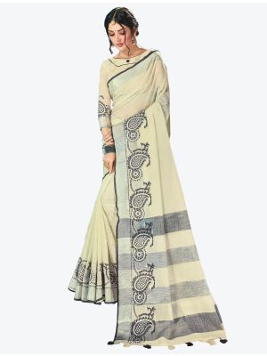 Off-White Linen Cotton Designer Saree small FABSA20480