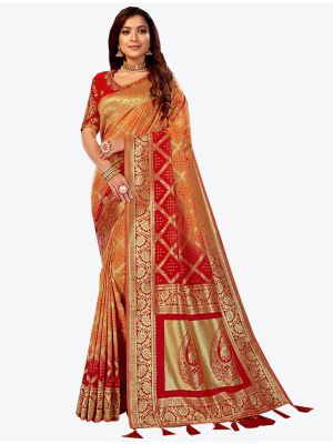 Orange and Red Jacquard Silk Designer Saree small FABSA20443