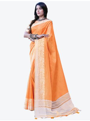 Orange Linen Cotton Designer Saree small FABSA20454