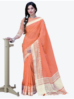 Orange Linen Cotton Designer Saree small FABSA20457