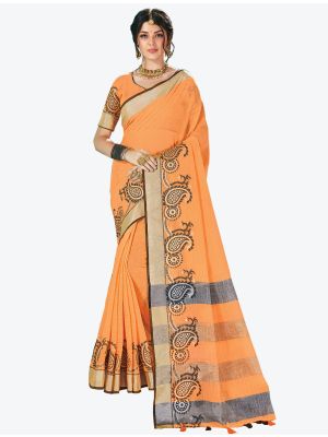 Orange Linen Cotton Designer Saree small FABSA20482