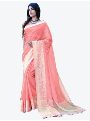 Pink Linen Cotton Designer Saree small FABSA20456