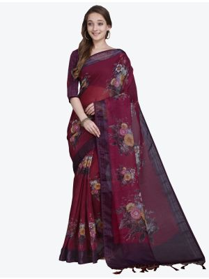 Wine Linen Slub Designer Saree small FABSA20486