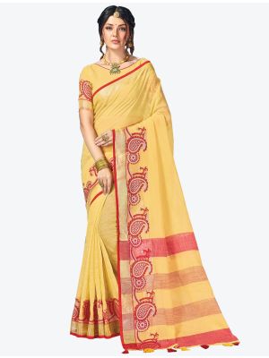 Yellow Linen Cotton Designer Saree small FABSA20478