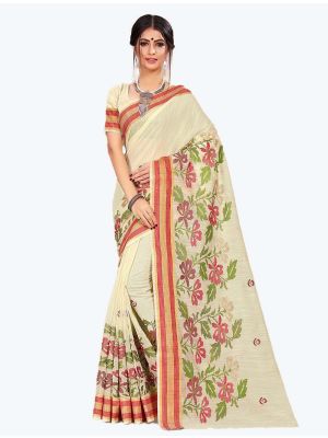 Cream Cotton Designer Saree small FABSA20609