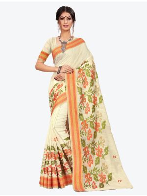 Off-White Cotton Designer Saree small FABSA20605
