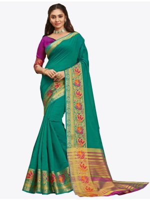 Sea Green Khadi Silk Designer Saree small FABSA20567