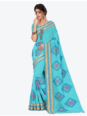 Sky Blue Cotton Designer Saree small FABSA20608