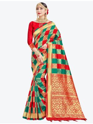 Teal Green and Red Banarasi Art Silk Designer Saree FABSA20539