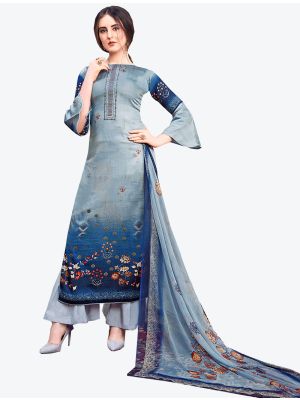 Faded Blue Jam Satin Straight Suit with Dupatta small FABSL20414