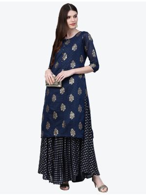 navy blue chanderi long kurti swatch fabku20293