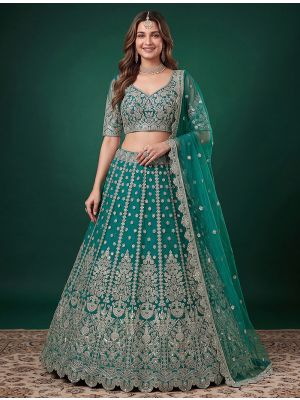 Rama Green Net Zari Embroidered Wedding Lehenga small FABLE20606
