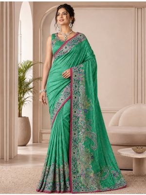 Rama Green Satin Saree With Multicolour Motifs & Swarovski Work