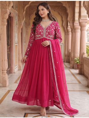 rani pink georgette pleated flared gown with dupatta fabgo20453