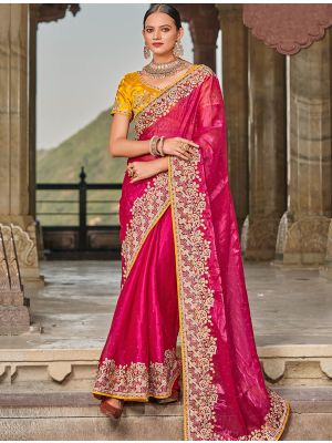 Rani Satin Burberry Embroidered Saree With Diamond Work