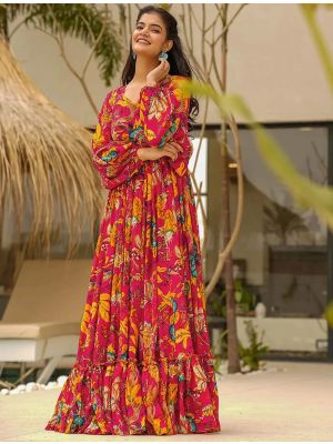 red airtex chinon digital printed flared gown   fabgo20377