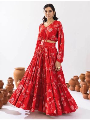 red airtex chinon stylish crop top with maxi skirt fabku21025