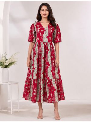 red and grey rayon fit and flare tiered midi dress fabku21294