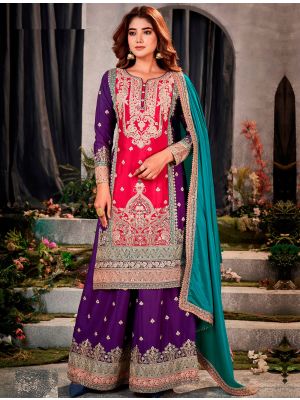 Red And Purple Chinon Semi Stitched Palazzo Suit small FABSL21917