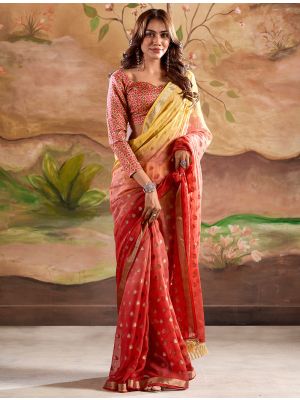 Red Banarasi Georgette Saree With Zari Woven Motifs
