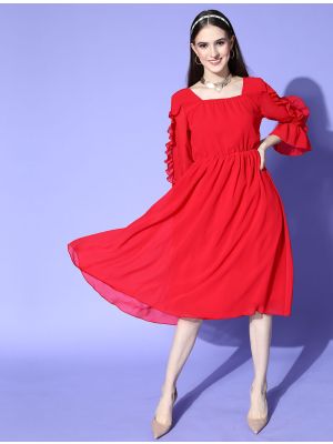 red chiffon solid fit and flare dress fabku20895