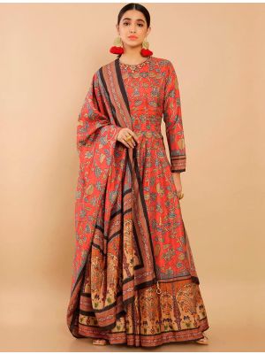Red Dola Silk Digital Printed Readymade Anarkali Suit FABSL21619