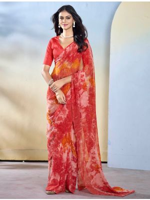 Red Georgette Ready To Wear Saree With Unstitched Blouse