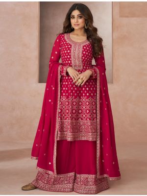 Red Georgette Semi Stitched Embroidered Palazzo Suit small FABSL21625