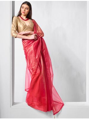 Red Gold Tissue Net Fancy Party Wear Saree