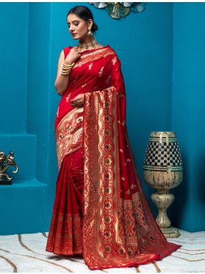 Red Handloom Silk Saree With Woven Zari Work