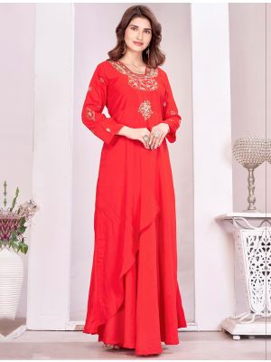 red muslin trendy embroidered gown  fabgo20427