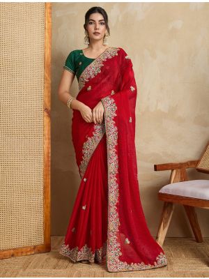 Red Poly Chiffon Embroidered Saree