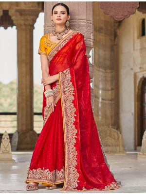 Red Satin Burberry Embroidered Saree With Diamond Work