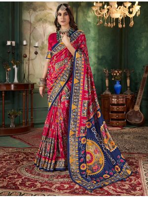 Red Tussar Silk Elegant Saree With Ikat Print