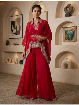 red viscose chinon embroidered kaftan palazzo set fabku21234