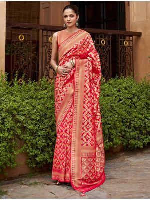 Red Viscose Silk Saree With Brocade Weaving