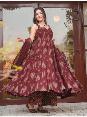 Reddish Brown Muslin Flared Ready To Wear Salwar Kameez FABSL22446
