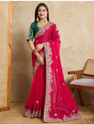Reddish Pink Poly Chiffon Embroidered Saree