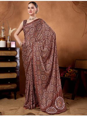 Rich Brown Satin Silk Ready To Wear Saree With Bandhani Print