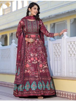 rich burgundy dola silk premium gown with dupatta fabgo20307