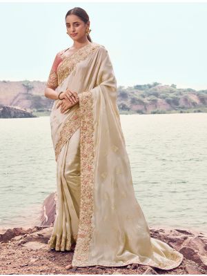 Rich Cream Satin Silk Embroidered Designer Saree
